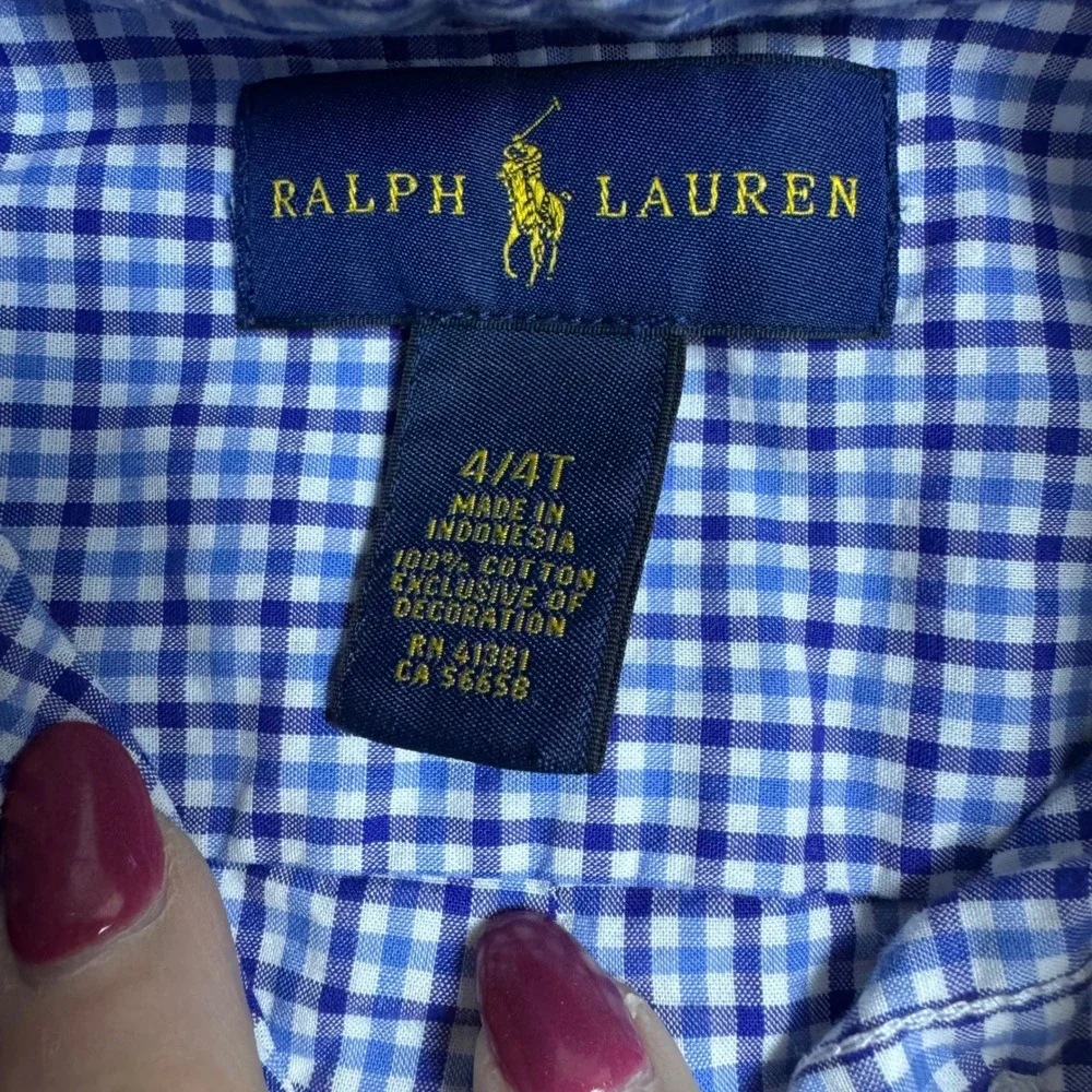 Ralph Lauren Kids Blue Gingham Cotton Button Down Shirt Size 4T Long Sleeve